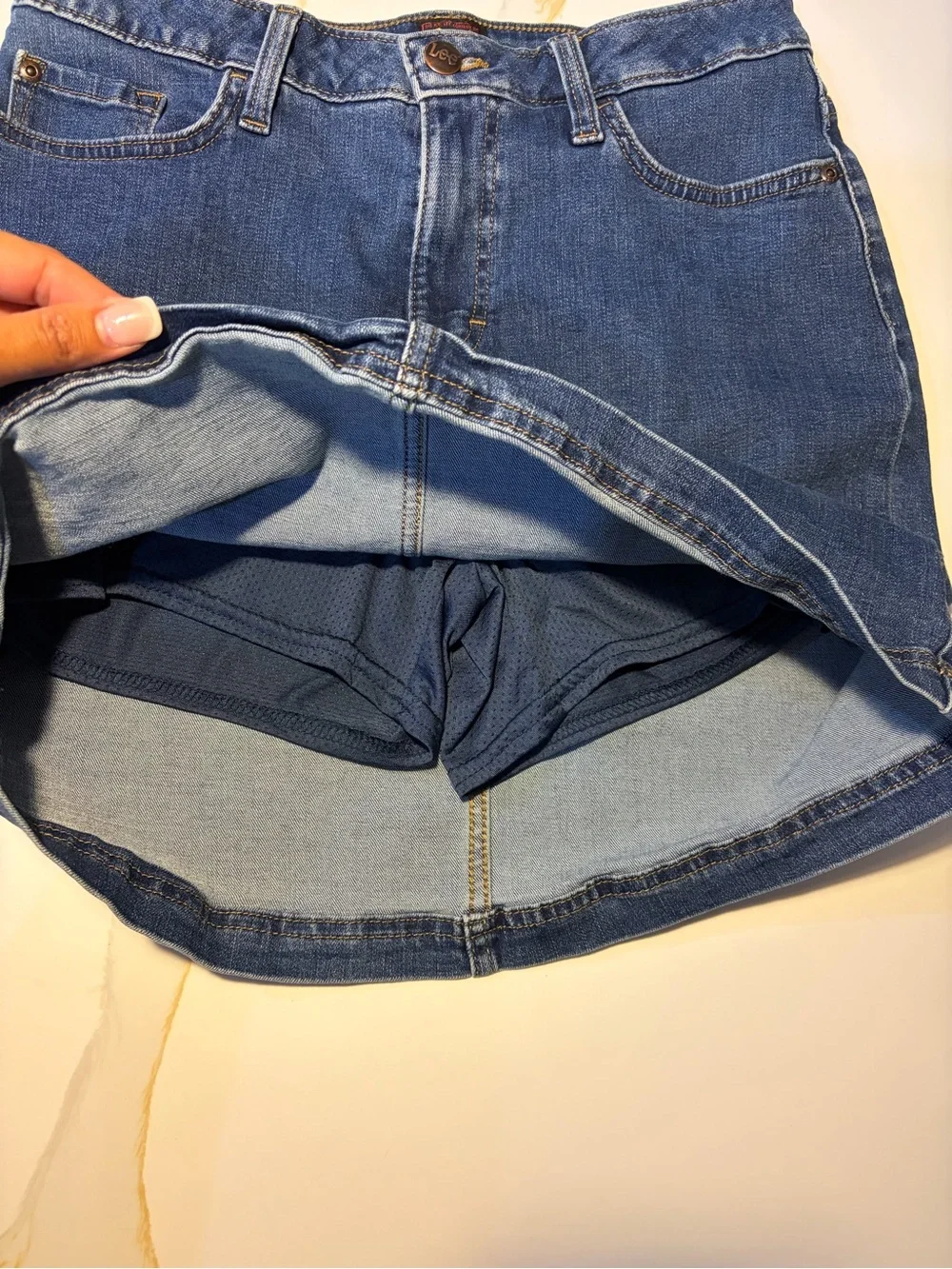 Lee Women’s Denim Skort Blue Stretch Jean Skirt with Built-In Shorts Size L